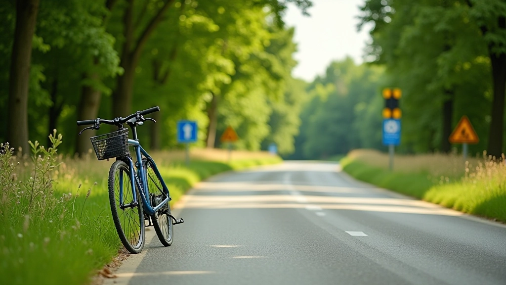 Velosipēds uz ceļa Vidzeļu vidē ar skaistiem kokiem un ceļu norādēm, vasaras dienā