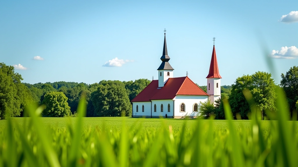 Vidzeļu baznīca ar sarkanu jumtu starp zaļajiem laukiem, saulains laiks, klasiska arhitektūra